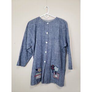 Vtg Barbara Gerwit Women L Jacket Top 100% Cotton Blue Button Up Tree Grannycore